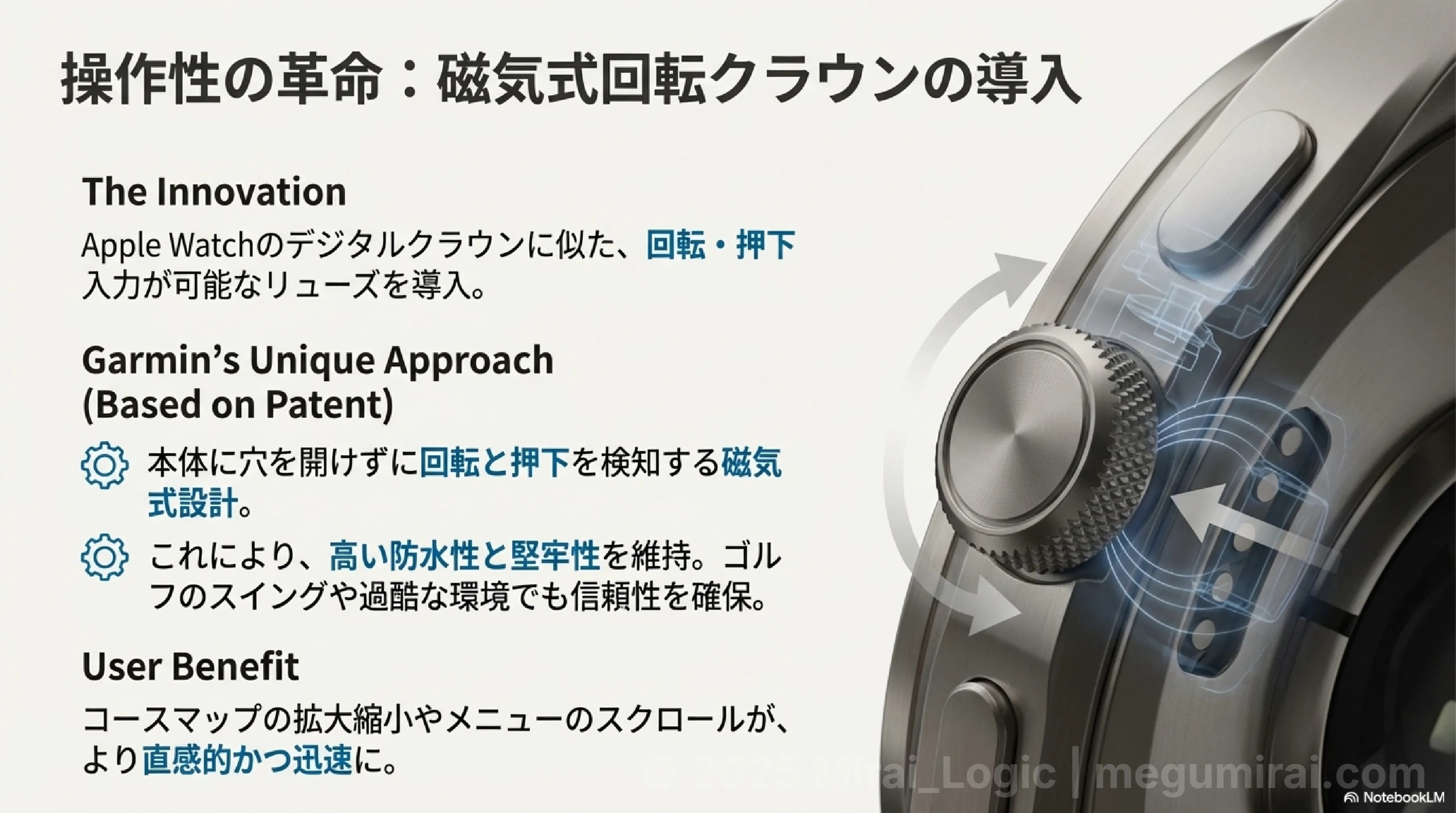 Close-up diagram of a Garmin smartwatch featuring a magnetic rotating crown with explanatory text in Japanese about its innovation, unique approach, and user benefits.