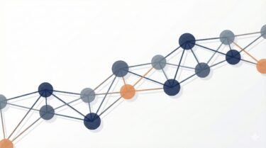 MBAでのAI・データサイエンス学習を象徴する抽象的なネットワーク図のイラスト