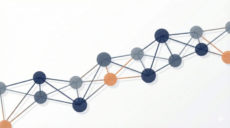 MBAでのAI・データサイエンス学習を象徴する抽象的なネットワーク図のイラスト