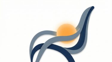 MBA学習の集中力を支える人間工学に基づいたワークチェアと、脊椎サポートを象徴する抽象的な曲線のイラスト