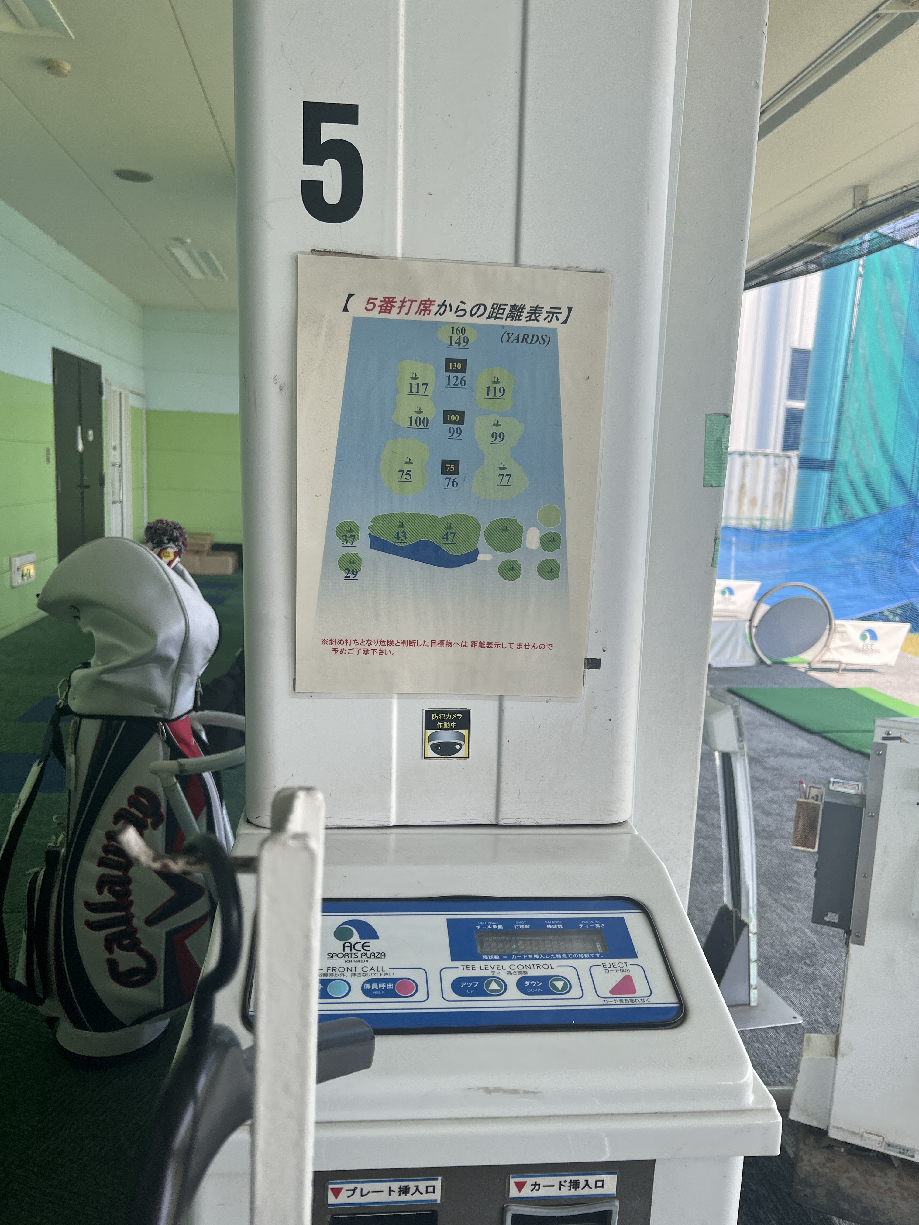 5番打席の距離表示パネルとティーアップ機