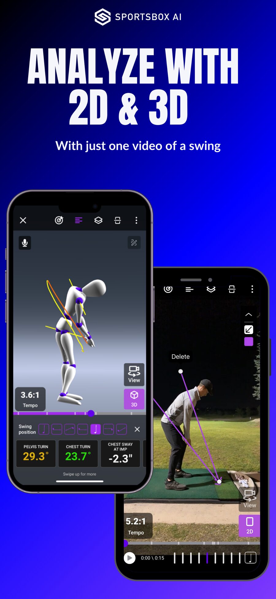 Sportsbox AIが1本のスイング動画を2D・3Dで解析した画面