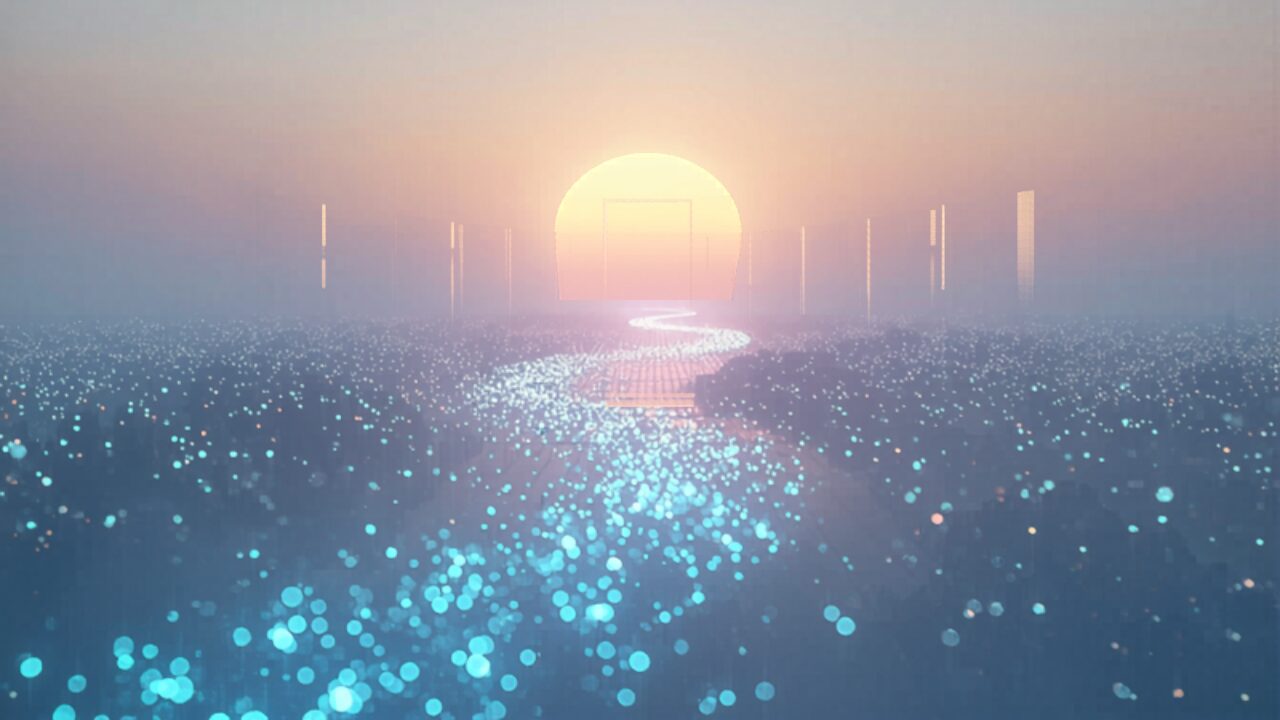 淡い夜明けの光に向かって、青く発光するデータの川が蛇行して流れる抽象イラスト。