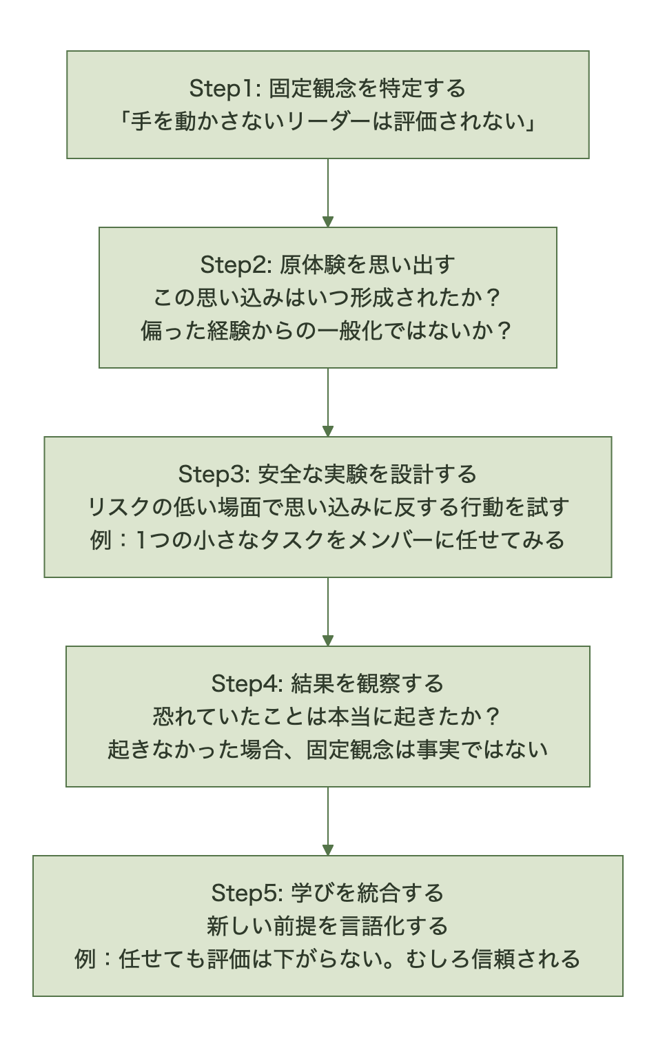 固定観念を検証する5ステップ。特定、原体験の振り返り、安全な実験の設計、結果の観察、学びの統合