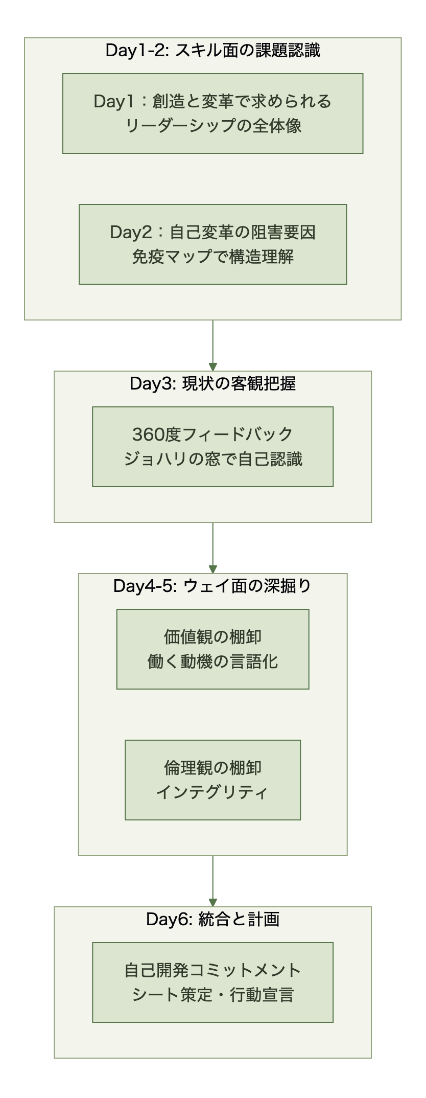 リーダーシップ開発講座Day1〜6の4フェーズ構成。スキル面の課題認識、現状の客観把握、ウェイ面の深掘り、統合と計画