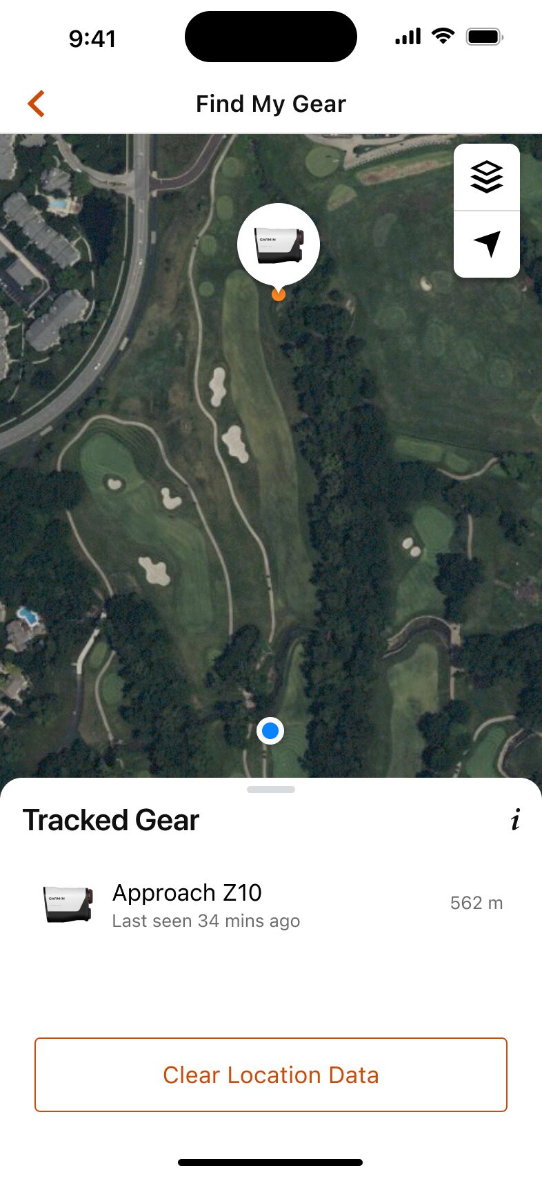 Garmin GolfアプリのFind My Gear画面。Approach Z10の最終位置を地図上に表示