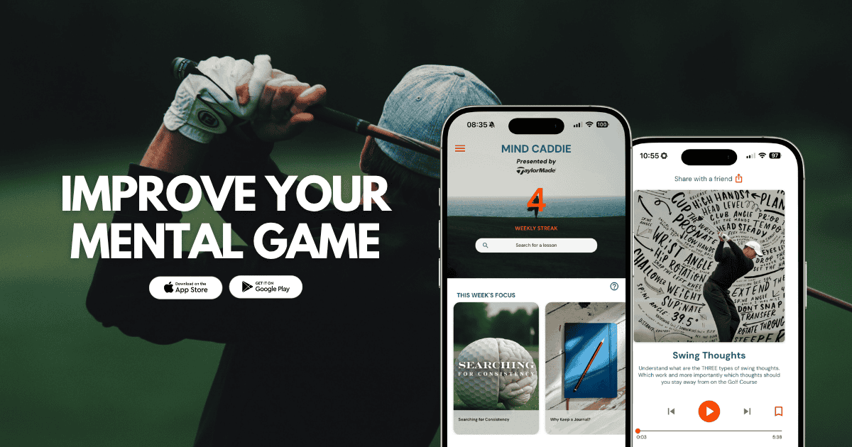 Mind Caddieアプリの画面例。週間ストリーク、今週のフォーカス、スイングの考え方などメンタルトレーニング機能
