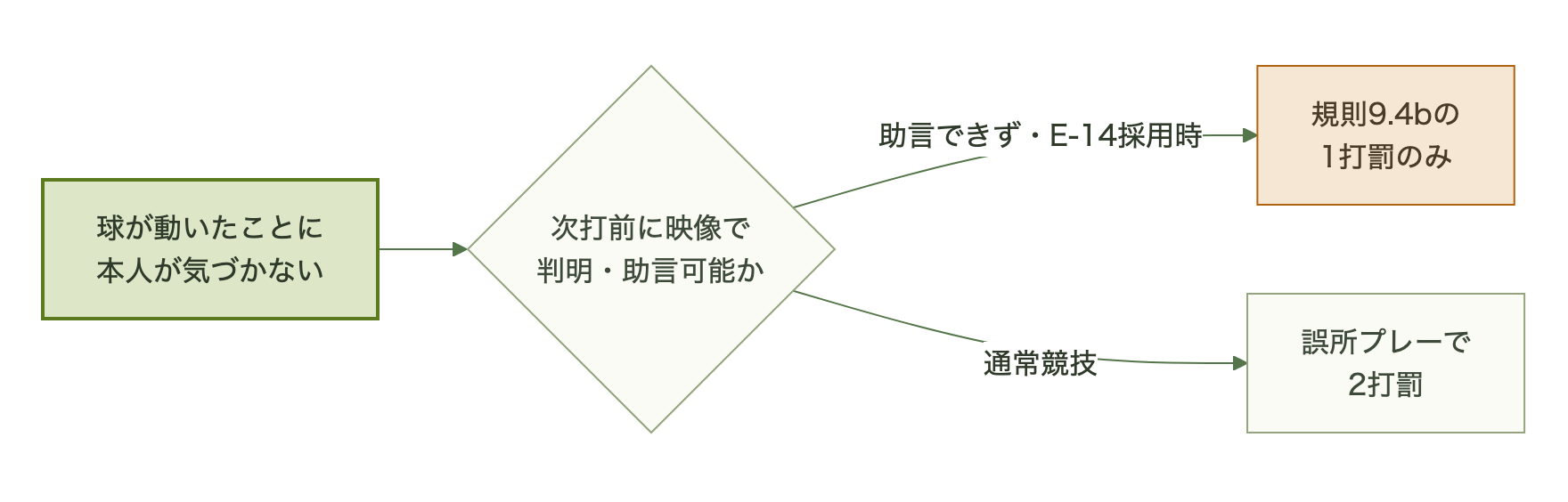 ライブ中継でビデオレフェリーが助言できなかった場合にE-14で1打罰に軽減される決定木