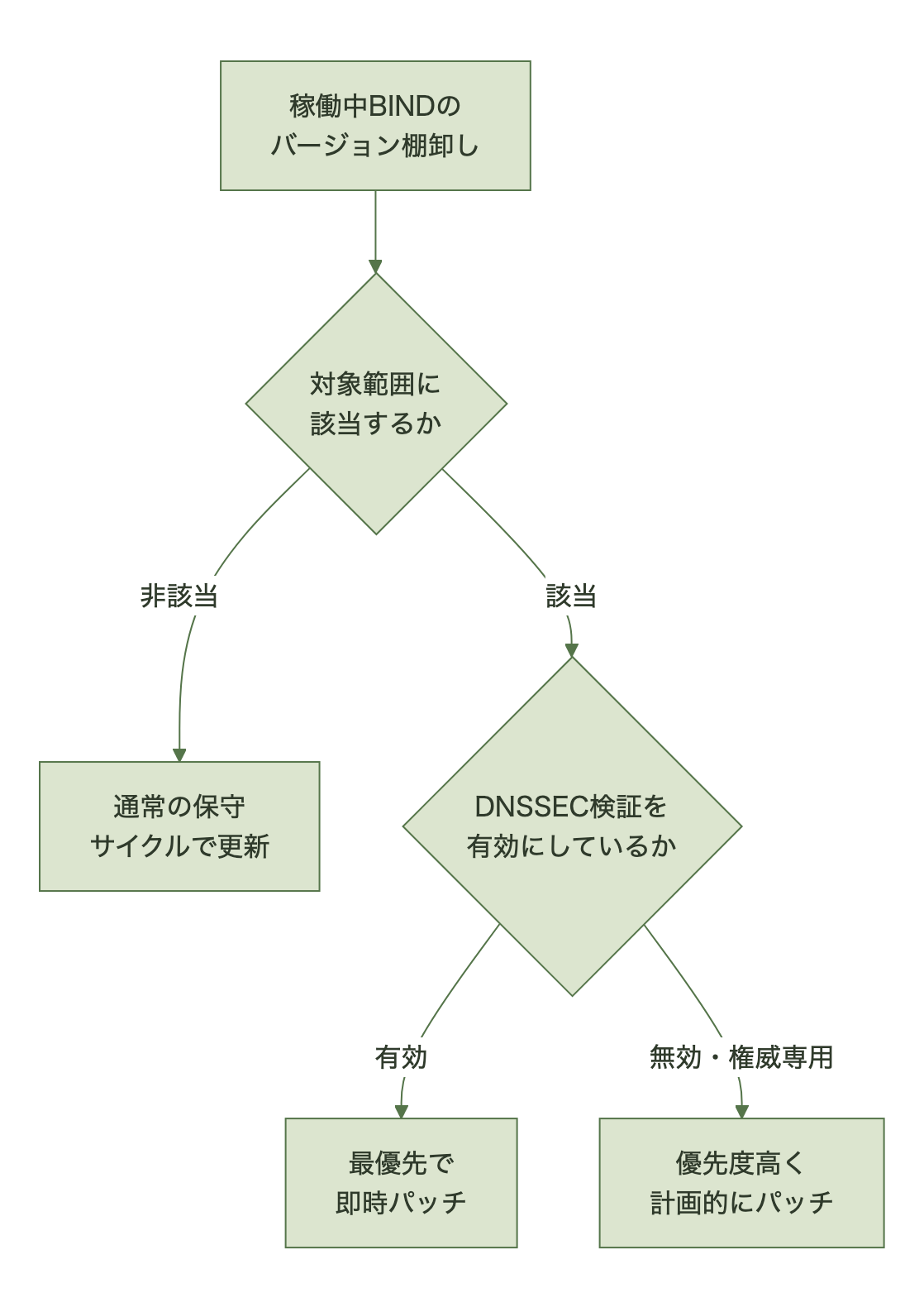 バージョン棚卸しから対象範囲該当有無、DNSSEC検証有効無効で優先度を分岐させる判断フロー