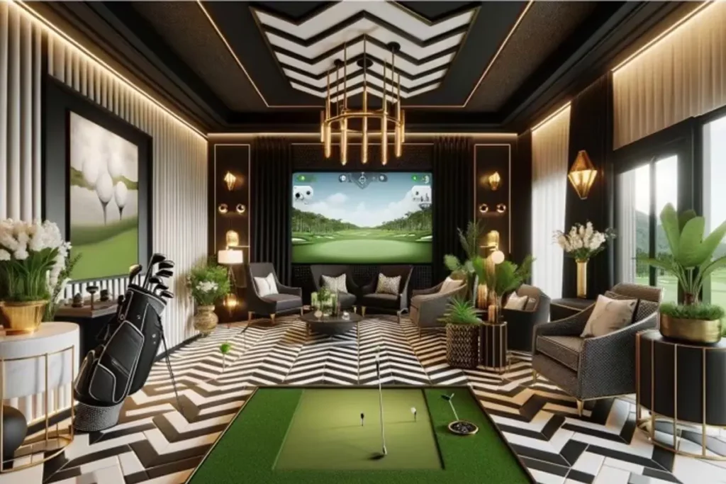 GolfSuitesの室内シミュレーターラウンジ。ゴルフシミュレーター画面とパターマット、ソファ席を備えた高級感のある内装