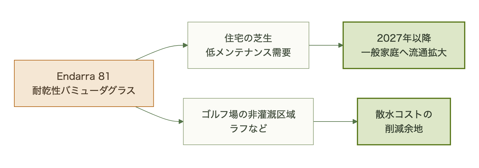 住宅の芝生とゴルフ場非灌漑区域という二つの利用先への分岐