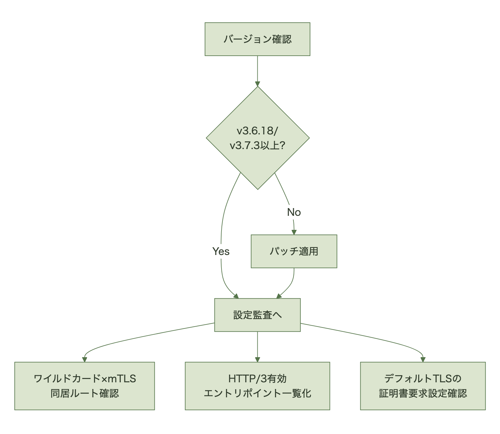 バージョン確認からパッチ適用を経て設定監査4項目に分岐するチェックリストのフロー図