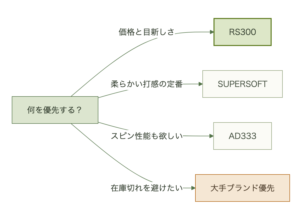 価格重視か実績重視かでRS300か定番ブランドかを分岐させるフローチャート