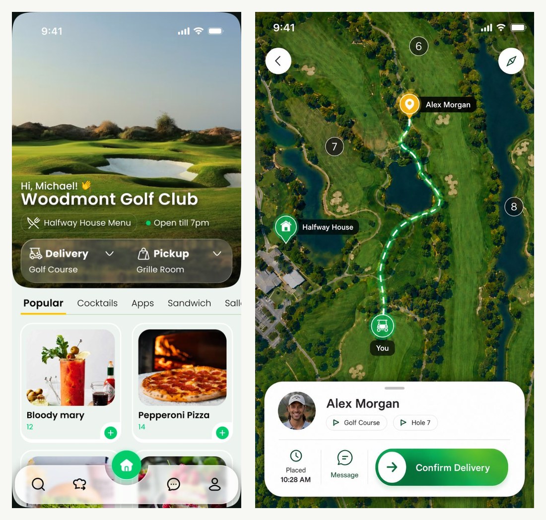 ClubGrubアプリの2画面。左はクラブ名を冠したメニュー画面、右はコース航空写真上に配達経路とホール番号を表示した画面