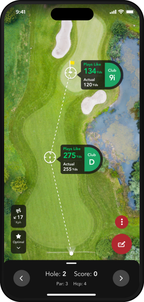GameGolf KZN AIのスマートキャディ画面。残り距離と推奨クラブが表示されている