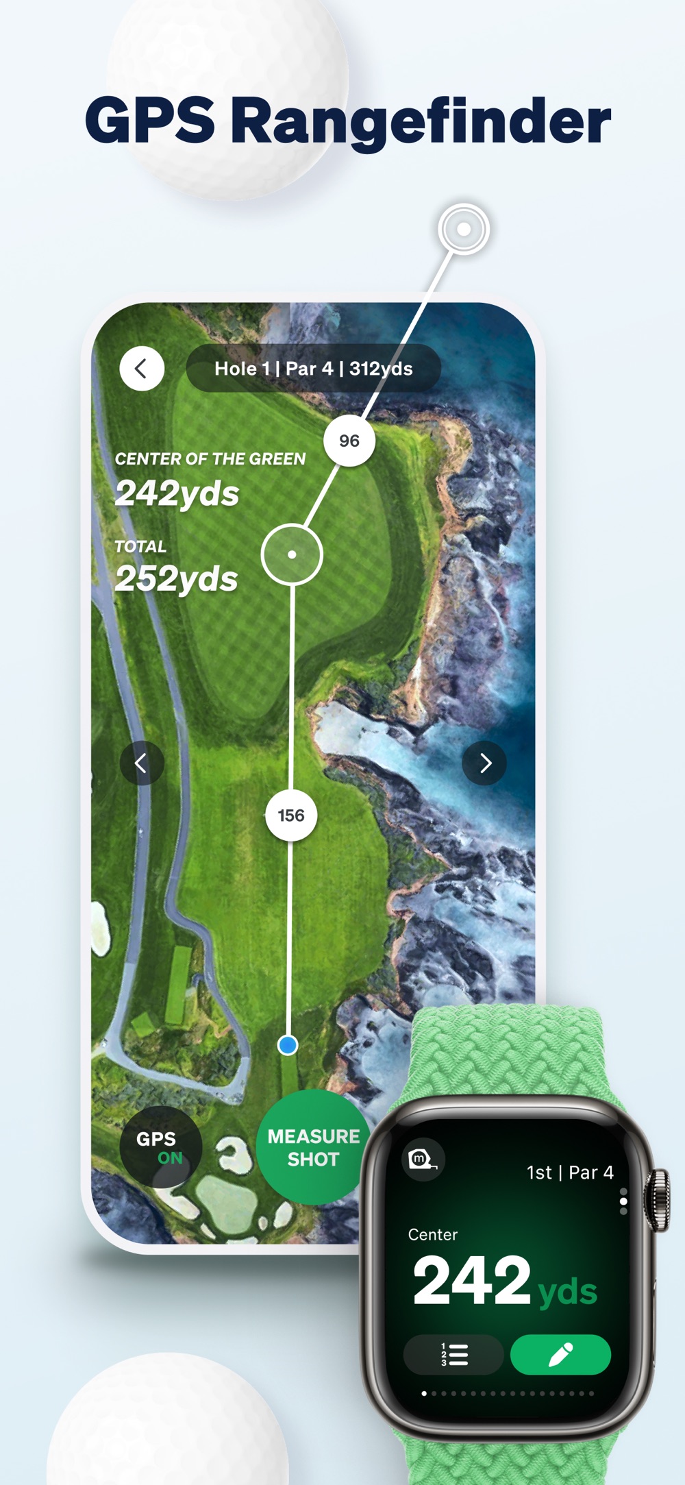 Golf GameBookのGPS距離計測画面。コースの航空写真上にグリーンセンターまでの残り距離がヤードで表示されている