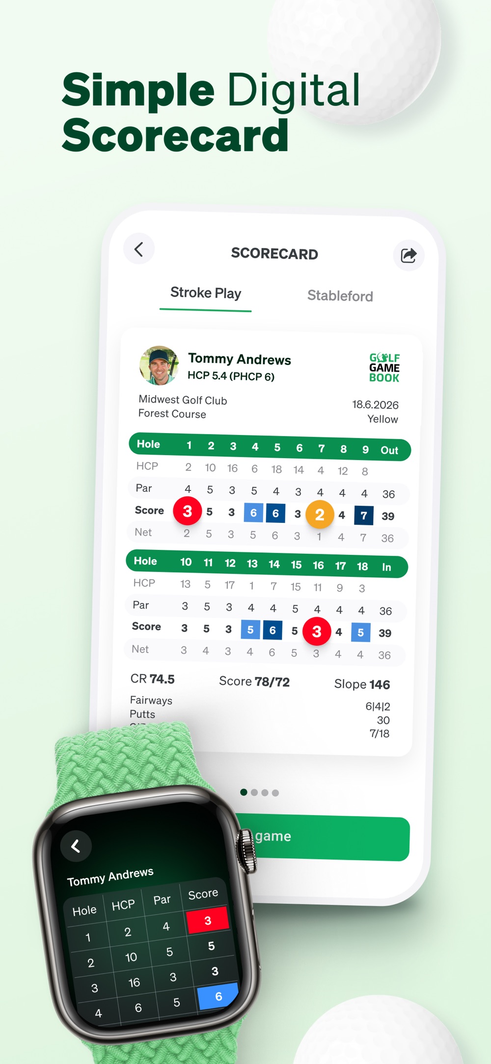 Golf GameBookのデジタルスコアカード画面。ホールごとのスコアとハンディキャップが一覧表示され、Apple Watchからも入力できる