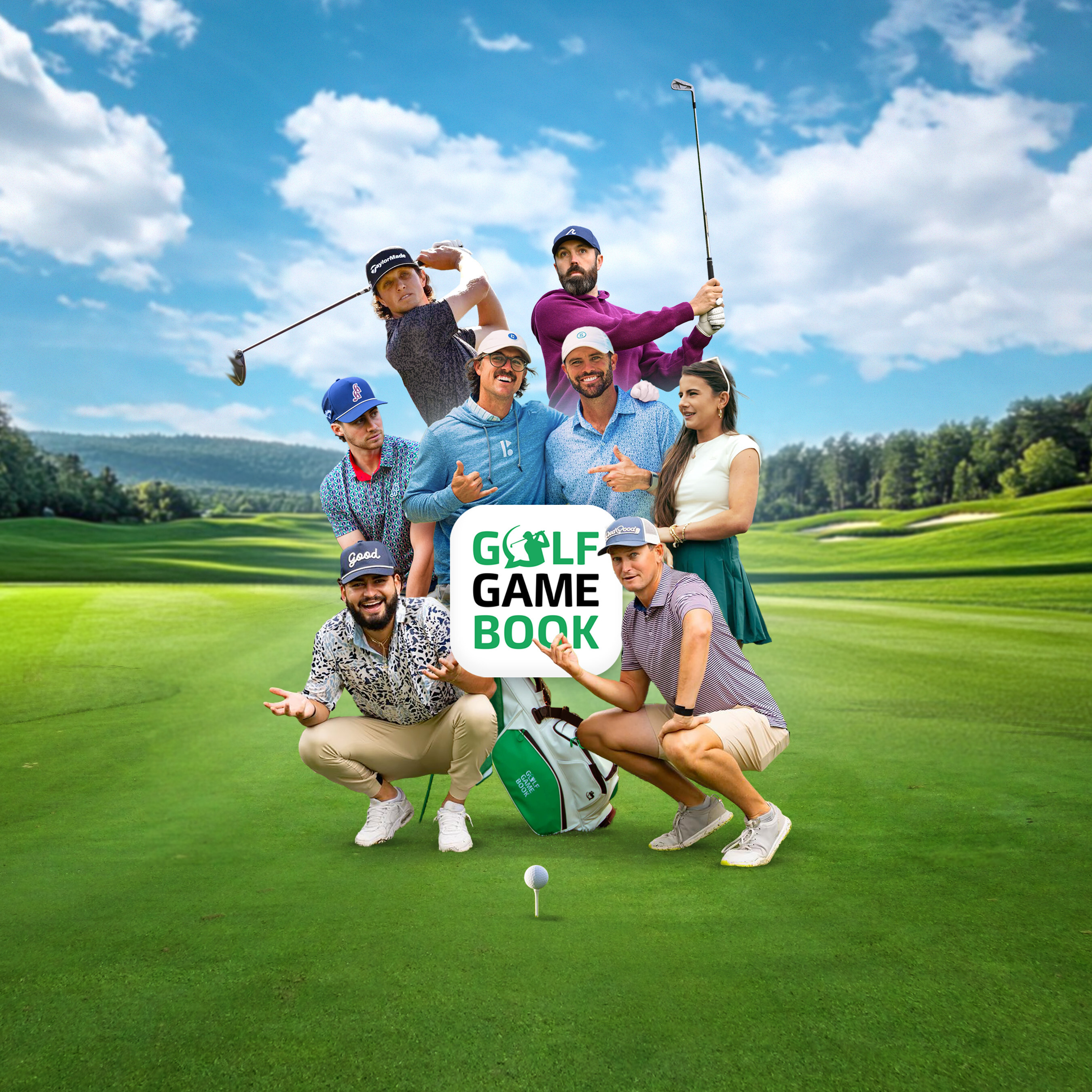 Golf GameBookのブランドビジュアル。ゴルフコースを背景に複数のゴルファーが並び、中央にGolf GameBookのロゴが配置されている