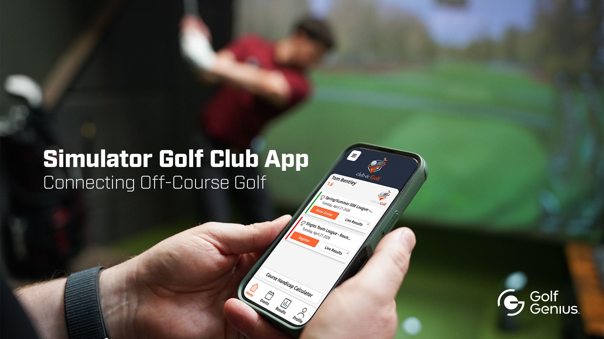 Golf GeniusのSimulator Golf Club Appの画面。ハンディキャップやリーグの試合登録、成績確認ボタンが並ぶ