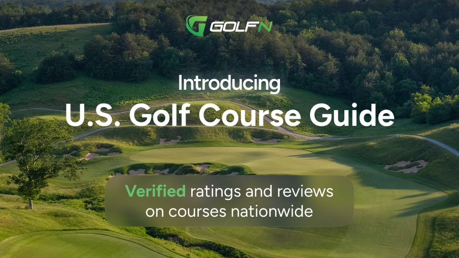 GolfNが公開した全米ゴルフコースガイドの告知画像。コースの空撮に「Verified ratings and reviews」の文字が重なる