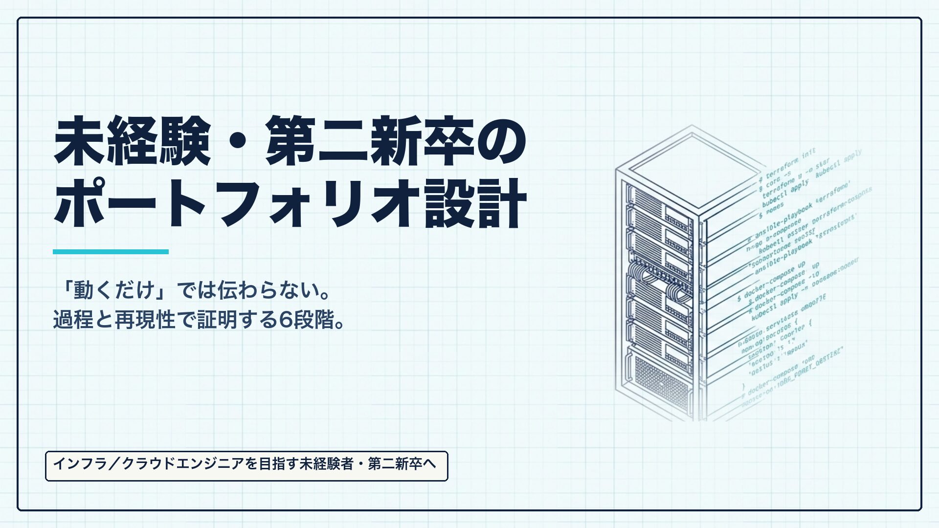方眼紙の背景に「未経験・第二新卒のポートフォリオ設計」の見出しと、アイソメ図法で描かれたサーバーラックの線画を配したアイキャッチ画像