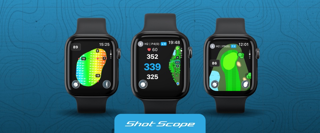 Apple Watch3台に表示されたShot Scopeアプリの画面。グリーンの等高線、グリーンまでの距離、ホールマップ