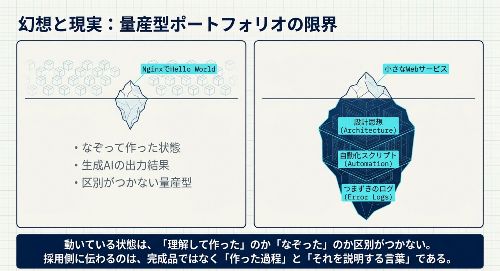 左は「NginxでHello World」だけの量産型ポートフォリオ、右は水面下に設計思想・自動化スクリプト・つまずきのログを持つ小さなWebサービスを氷山で対比した図