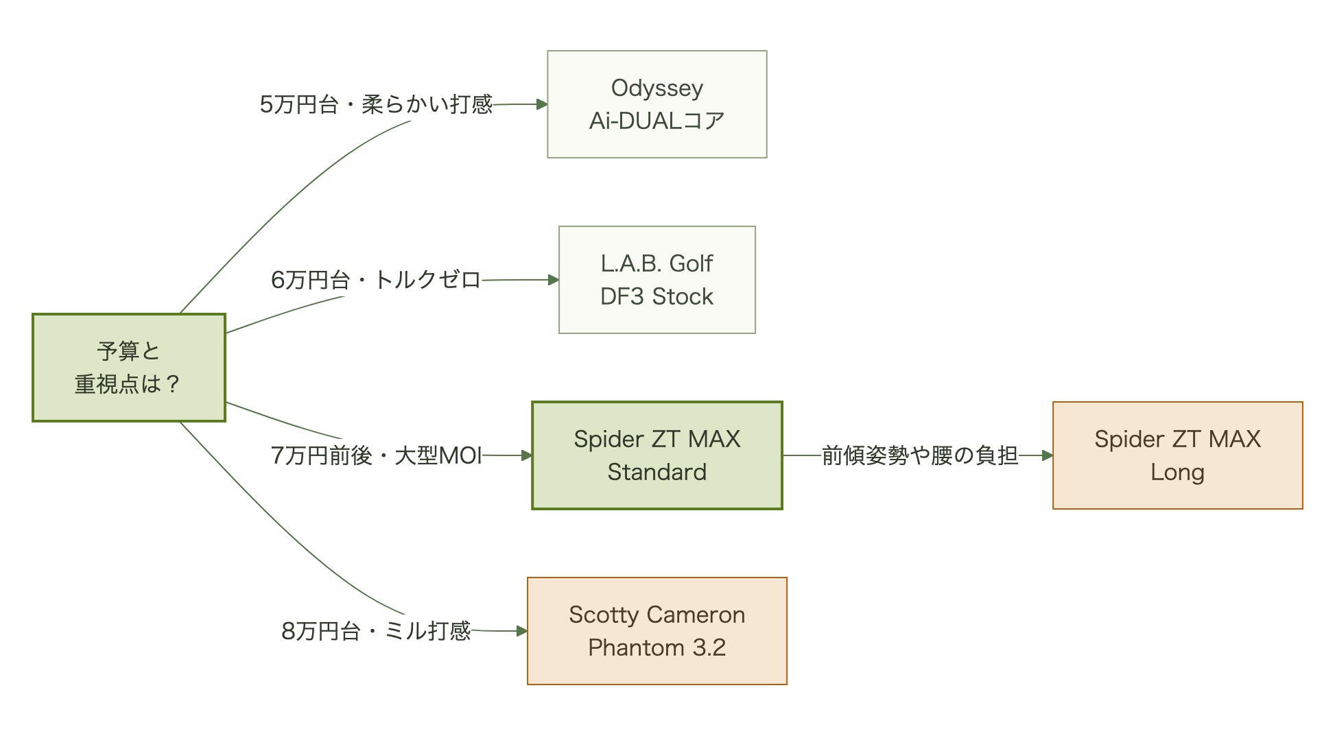 予算5万円台ならオデッセイAi-DUAL、6万円台ならL.A.B. DF3、7万円前後ならSpider ZT MAX Standard、8万円台ならスコッティキャメロン ファントム3.2へ分岐し、前傾や腰の負担が気になる場合はSpider ZT MAX Longへ進む判断フロー