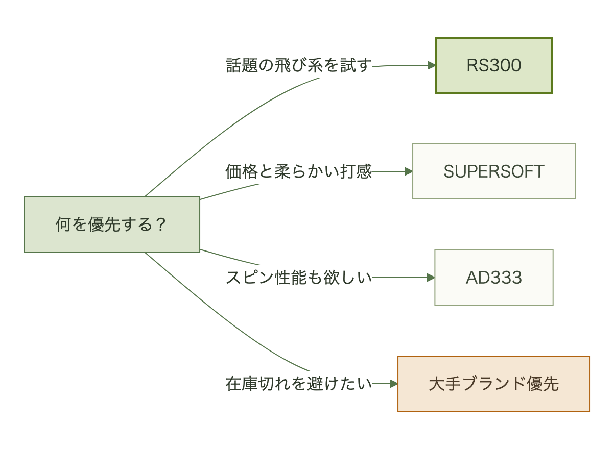 価格重視か実績重視かでRS300か定番ブランドかを分岐させるフローチャート