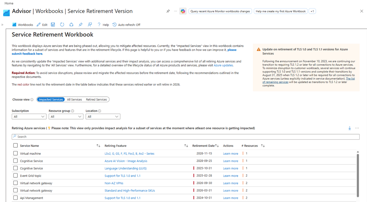 Azure AdvisorのService Retirement workbookの画面。Impacted Services、All Services、Retired Servicesの表示切り替えと、サービスごとの退役日・影響リソース数の一覧