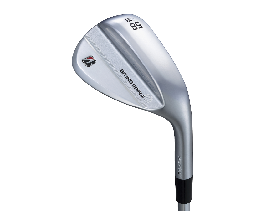 BITING SPIN 2 ウエッジのヘッドをバックフェース側から見た製品写真。サテン調のシルバー仕上げにBマークとモデル名の刻印