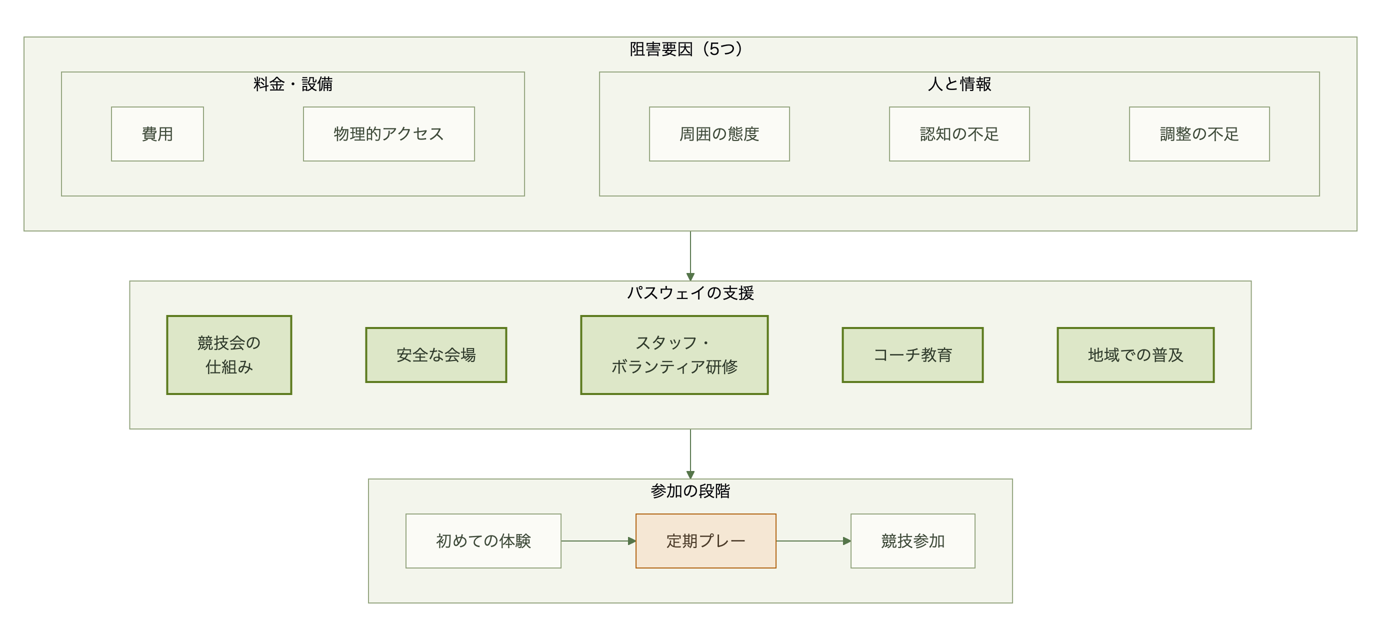 上段は5つの阻害要因で、料金・設備(費用、物理的アクセス)と人と情報(周囲の態度、認知の不足、調整の不足)の2つに分かれる。中段はパスウェイの支援(競技会の仕組み、安全な会場、スタッフ・ボランティア研修、コーチ教育、地域での普及)。下段は参加の段階で、初めての体験から定期プレー、競技参加へ進む
