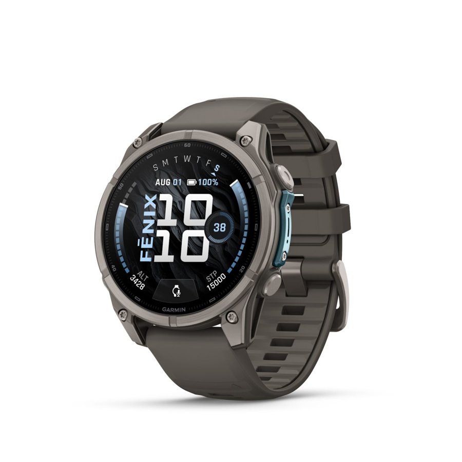 Garmin fēnix 9 47mmのチタンモデル。グレーのバンドで、文字盤に大きく時刻とFĒNIXの文字