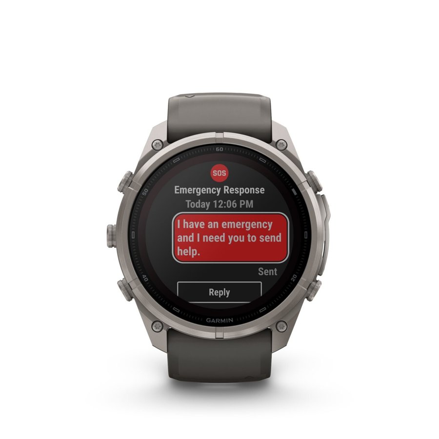 Garmin fēnix 9 Pro 51mmのソーラーモデル。画面にSOSの緊急メッセージが表示されている