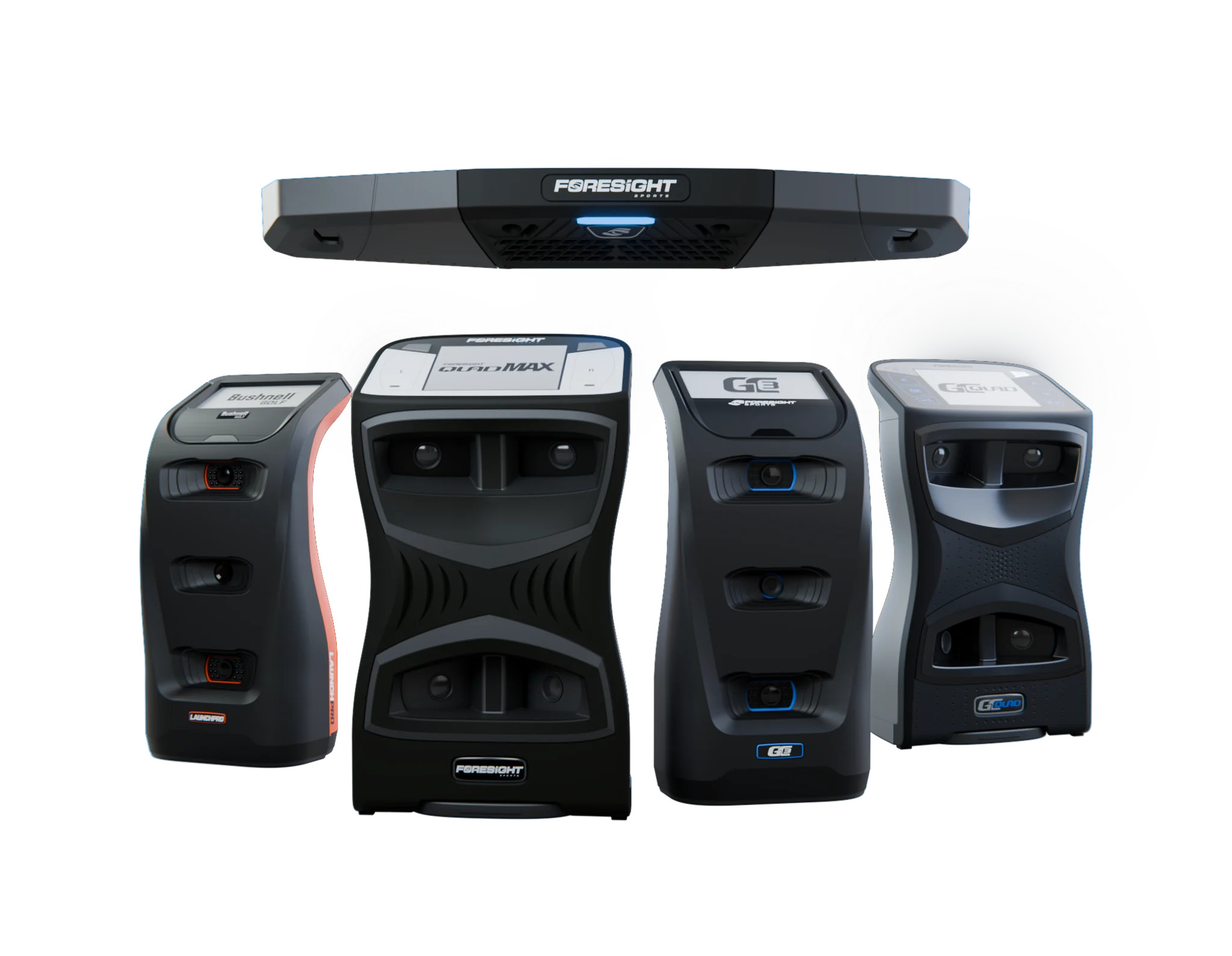 Foresight Premierに対応するローンチモニター5機種(天井設置型1台と床置き型4台)を並べた製品画像