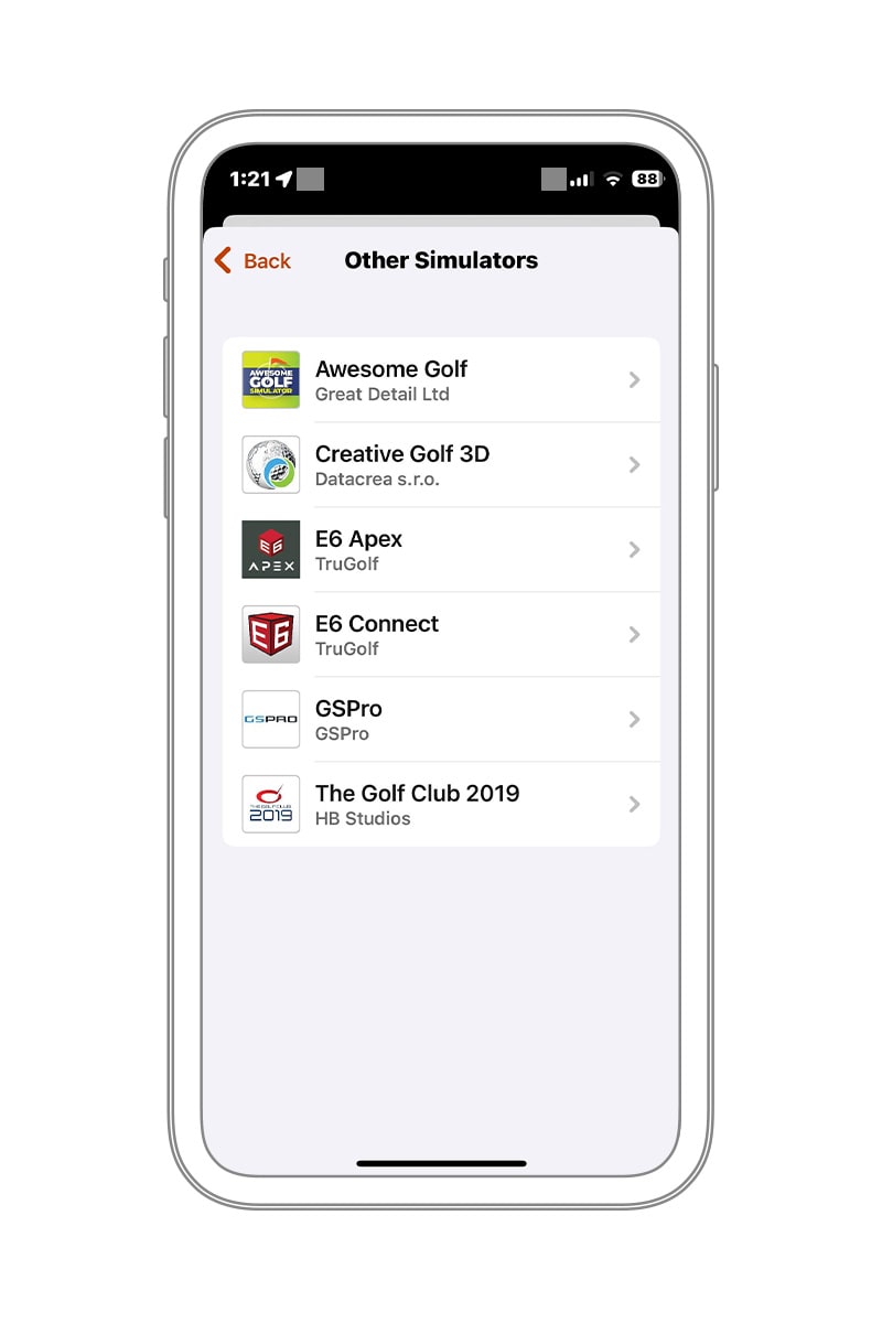 Garmin Golfアプリの他社シミュレーター一覧。Awesome Golf、Creative Golf 3D、E6 Apex、E6 Connect、GSPro、The Golf Club 2019