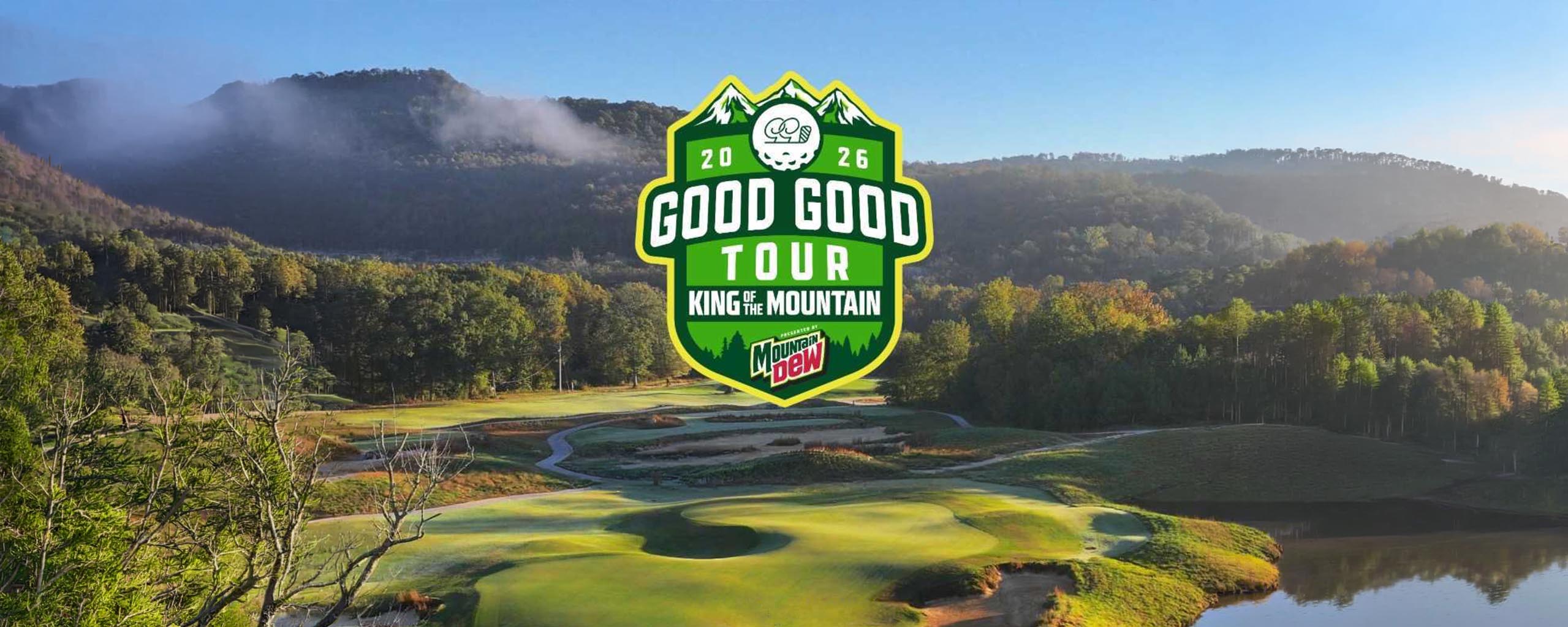 Good Goodの自社トーナメント「King of the Mountain」2026年大会のロゴと山あいのゴルフコース