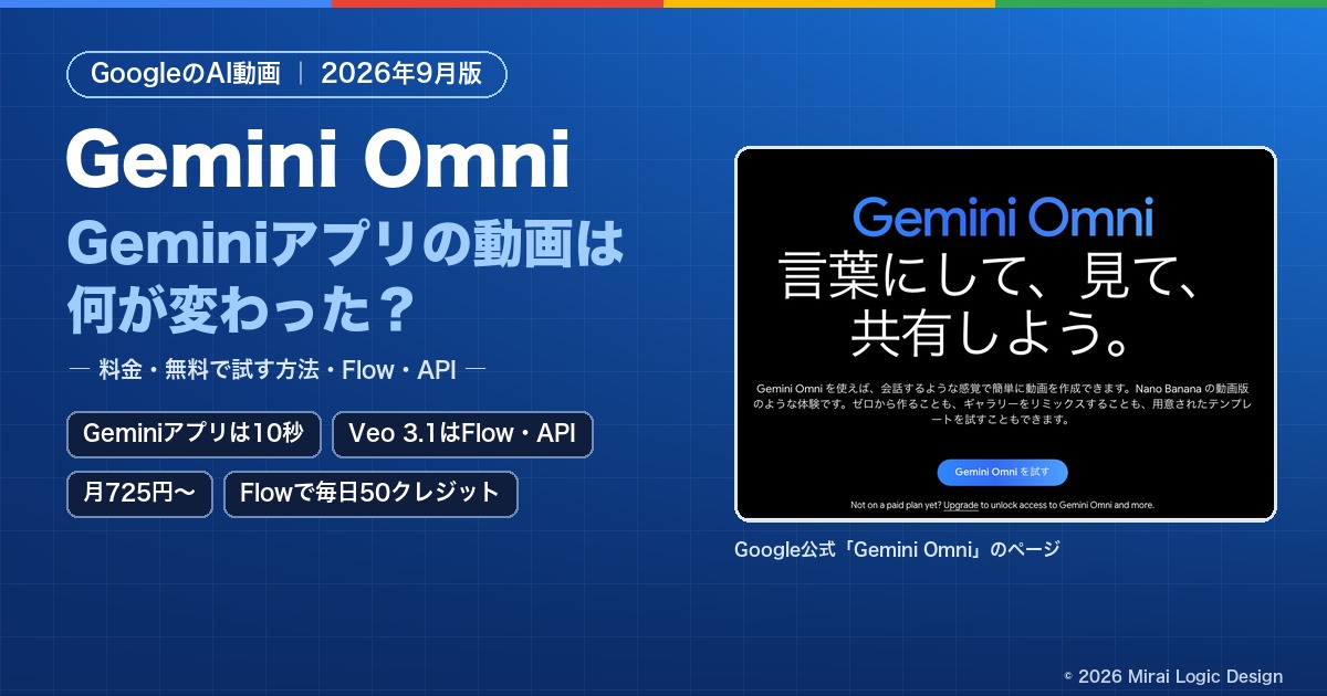 Gemini Omni:Veo 3.1の後継、何が変わった?(2026年9月版)。Geminiアプリは10秒、Veo 3.1はFlow・API、月725円から