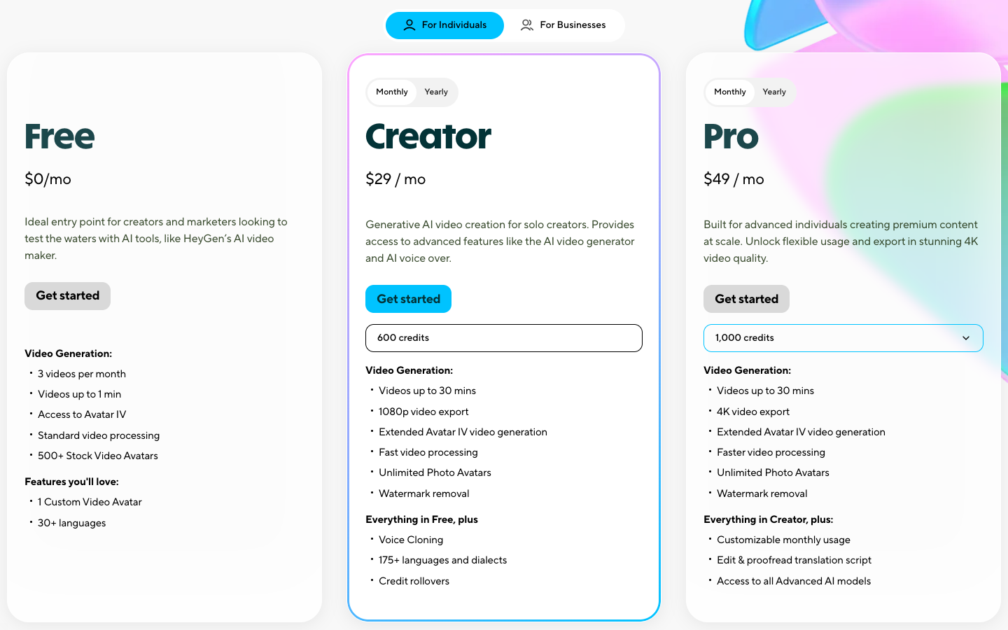 HeyGenの料金ページ。Free $0、Creator $29（600クレジット）、Pro $49（1,000クレジット）のプランカード