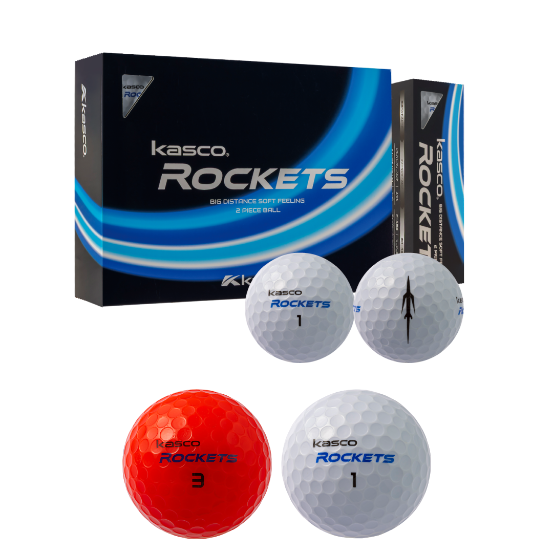 kasco ROCKETSのダース箱と、ホワイトとレッドのボール。ロケット形のアライメントマークが入った面も見える