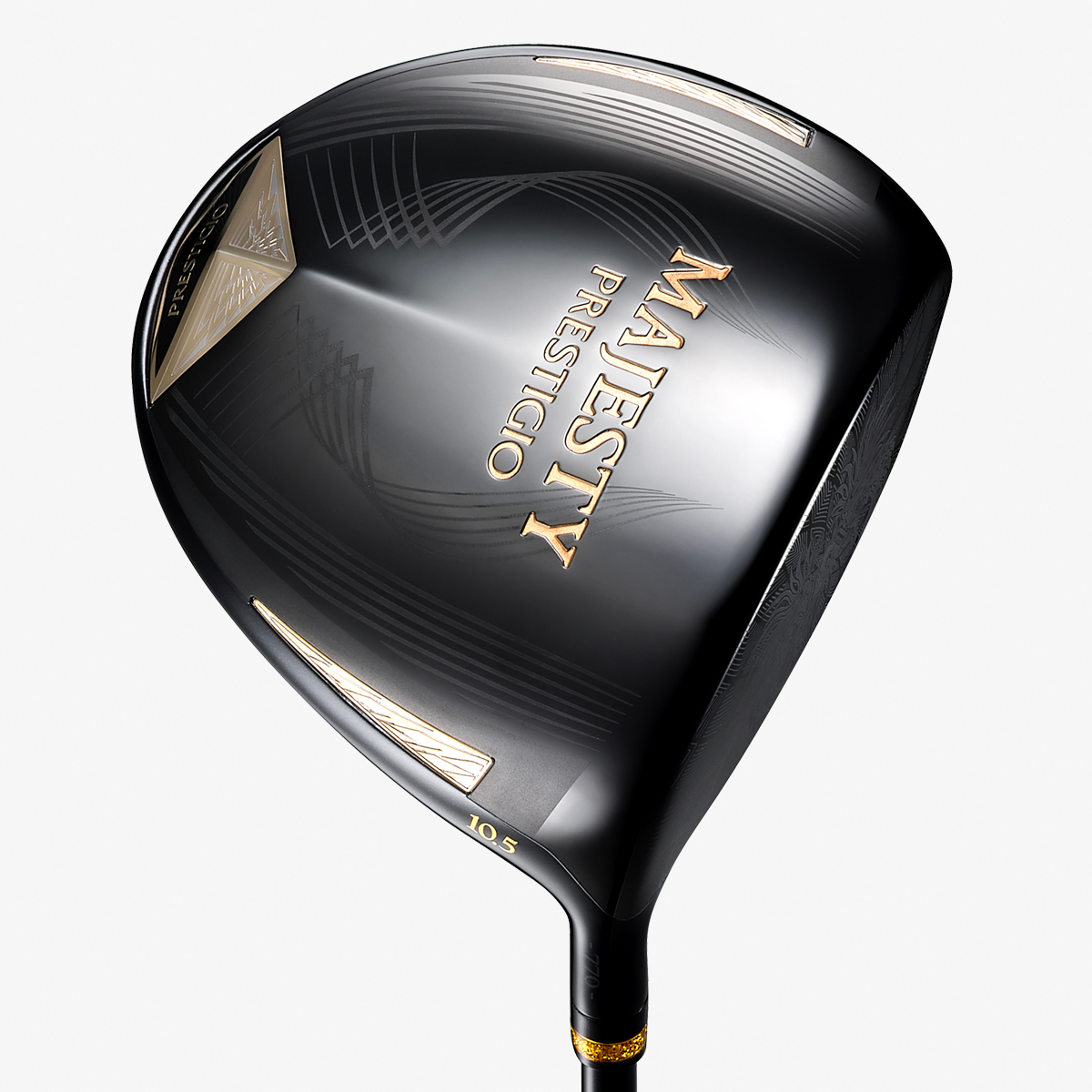 プレステジオ14 ブラック ドライバーのソール側。黒いヘッドに金色のMAJESTY PRESTIGIOロゴと細線の截金調デザインが入っている