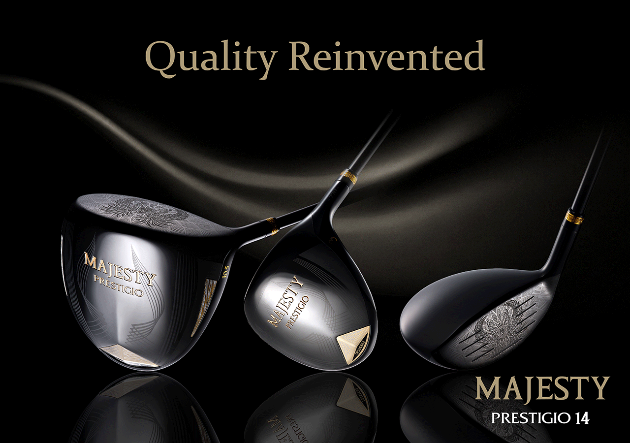 黒背景に並ぶプレステジオ14 ブラックのウッド3本のヘッドと「Quality Reinvented」の文字