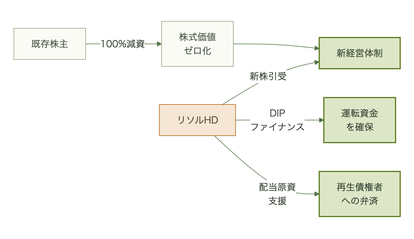 既存株主の100%減資とリソルホールディングスによる新株引受・DIPファイナンス・配当原資支援の関係図