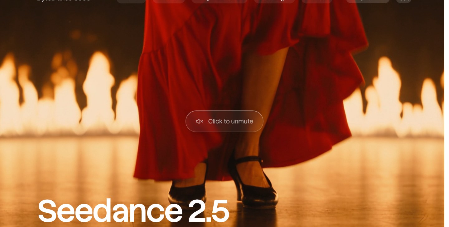 ByteDance Seed公式のSeedance 2.5のページ。赤いドレスで踊る人物の足元と炎の映像に「Seedance 2.5」の文字