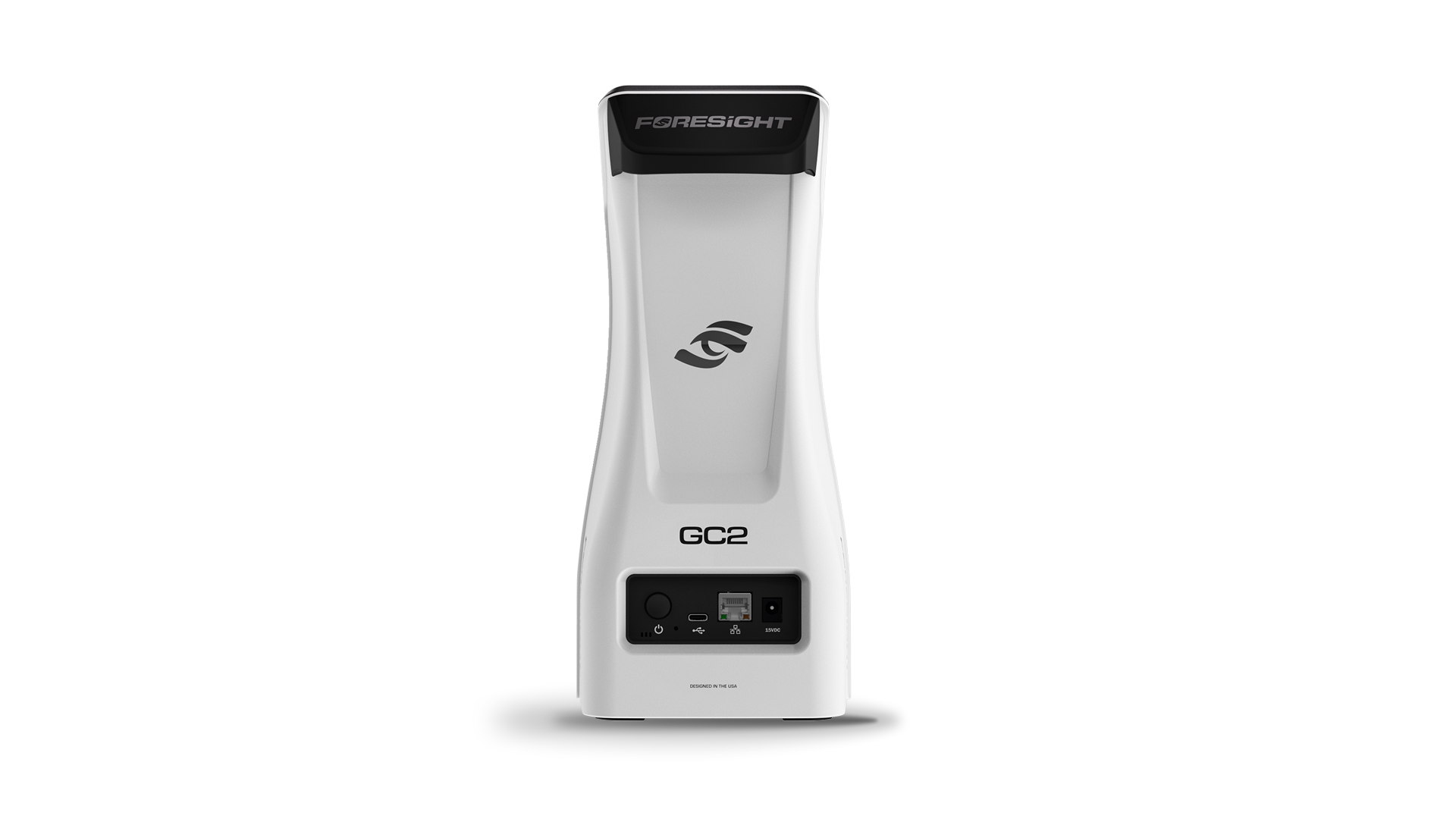 Foresight SportsのGC2の背面。下部に電源ボタン、USB Type-C、有線LAN、電源の端子が並ぶ