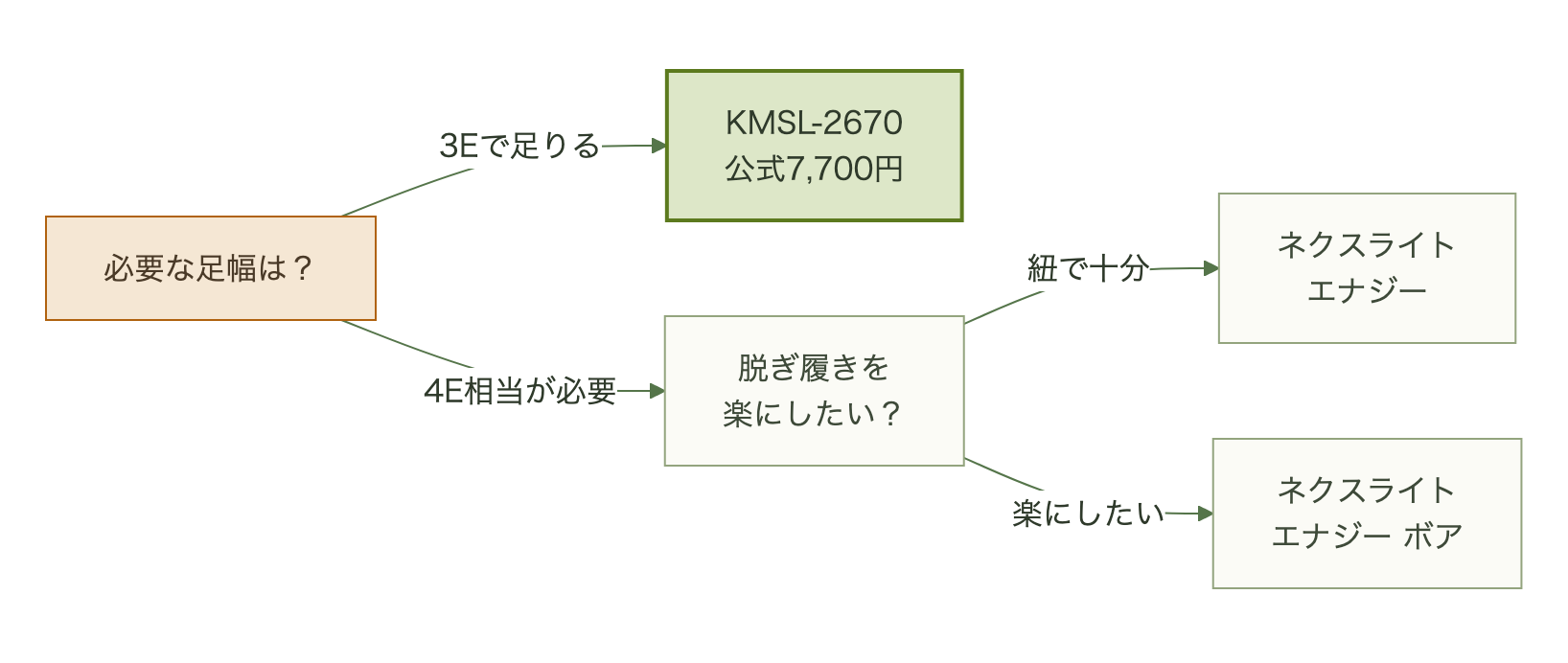 3Eで足りるならKMSL-2670、4E相当が必要なら紐ならネクスライトエナジー、脱ぎ履きも楽にしたいならネクスライトエナジー ボア