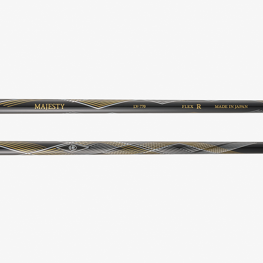 PRESTIGIO 14 ブラック専用シャフト。黒地に金の模様とMAJESTYのロゴ、FLEX Rの表記