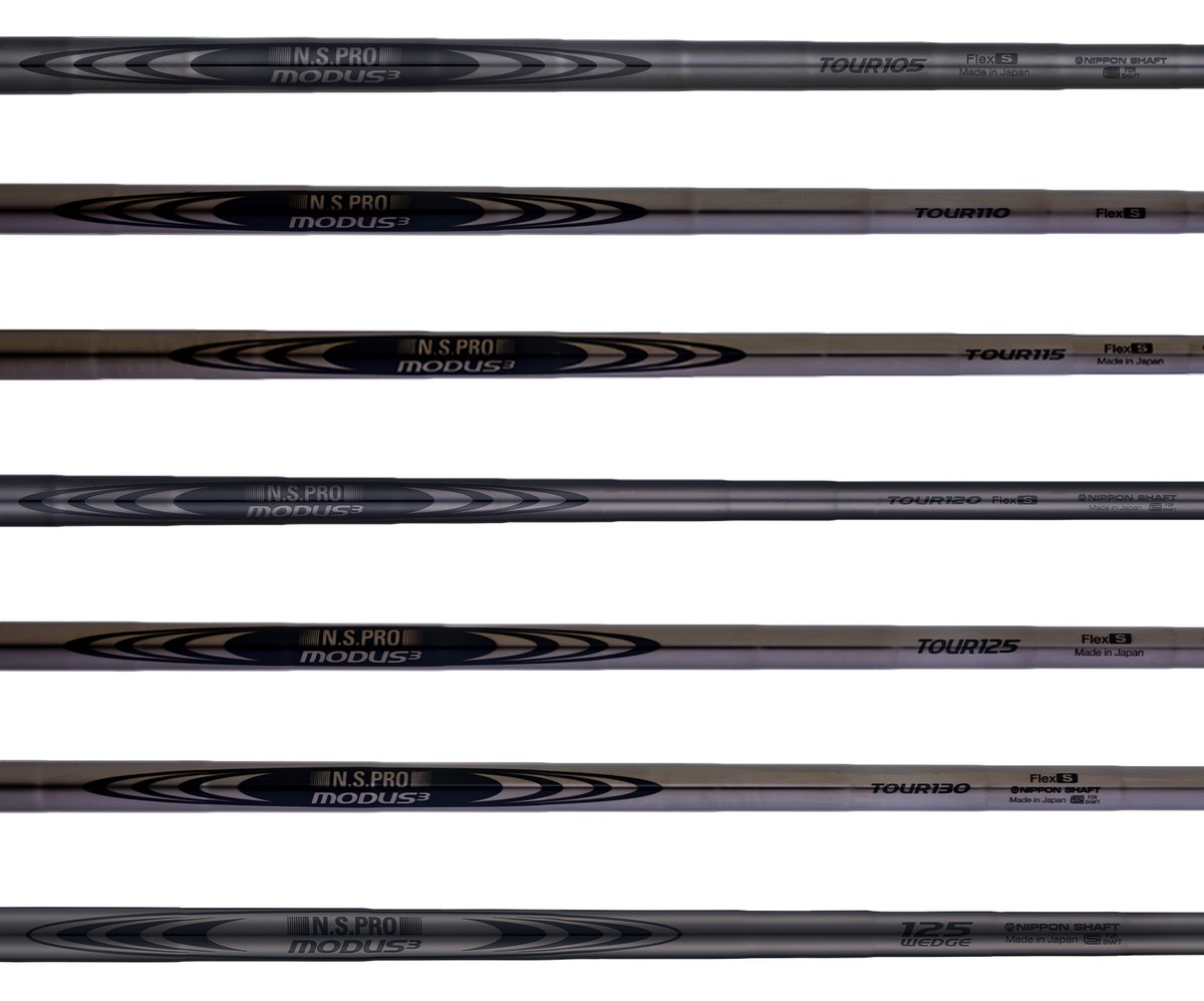 つや消しブラックのMODUS3シャフト7本を上下に並べた画像。上からTOUR105、TOUR110、TOUR115、TOUR120、TOUR125、TOUR130、125 WEDGE