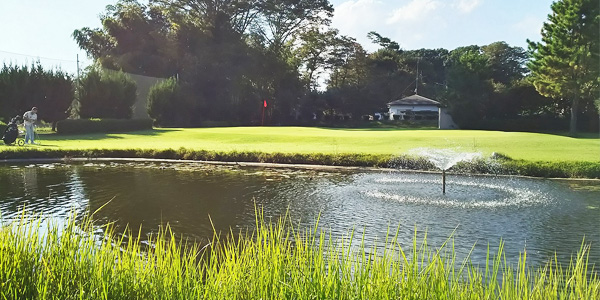 ままだガーデンゴルフクラブ ショートコースの池越えホールとグリーン