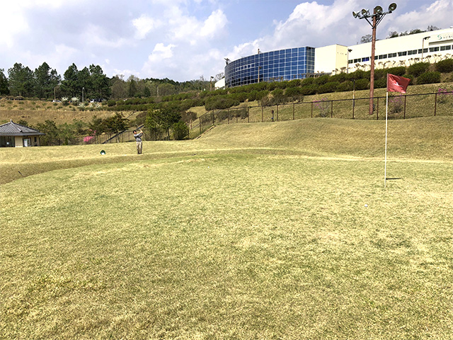 福崎東洋ゴルフ練習場(旧称 才加ゴルフ練習場) 天然芝のアプローチ練習場とピン